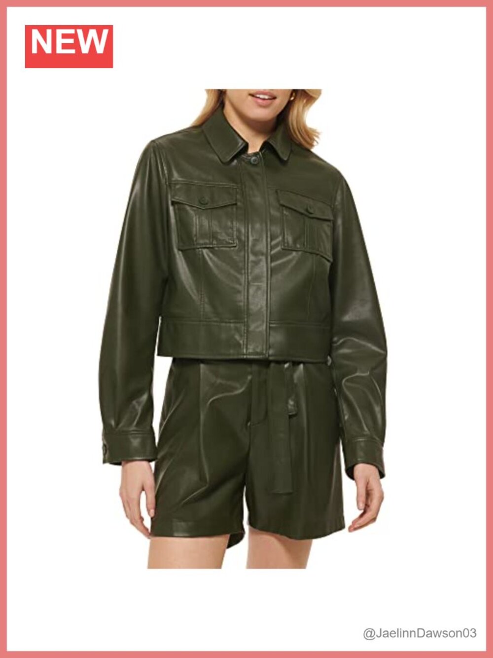 DKNY Vegan Leather Cropped Aviator Jacket Button Front Long Sleeve